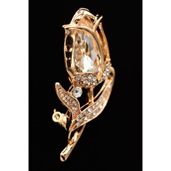 Statement Crystal Rose Pin Brooch Sparkling Rhinestone Gold Tone BinAQ - Picture 2 of 12